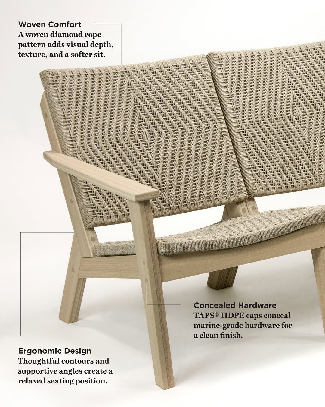 An extension of the award-winning MAD Chat Chair, the MAD Chat Sofa in Heathered Dune and Canvas Diamond woven rope brings the collection's distinctive design to a more generous configuration for gathering.

Concentric diamond-patterned panels add visual texture, depth, and a softer sit, while thoughtful contours support relaxed outdoor comfort. Premium EnviroWood, concealed marine-grade hardware, and all-weather woven panels are designed for lasting outdoor performance.

Made for gathering, lounging, and outdoor living without compromise.

#OutdoorLiving #EnviroWood #FurnitureDesign #WhyChooseSeaside
